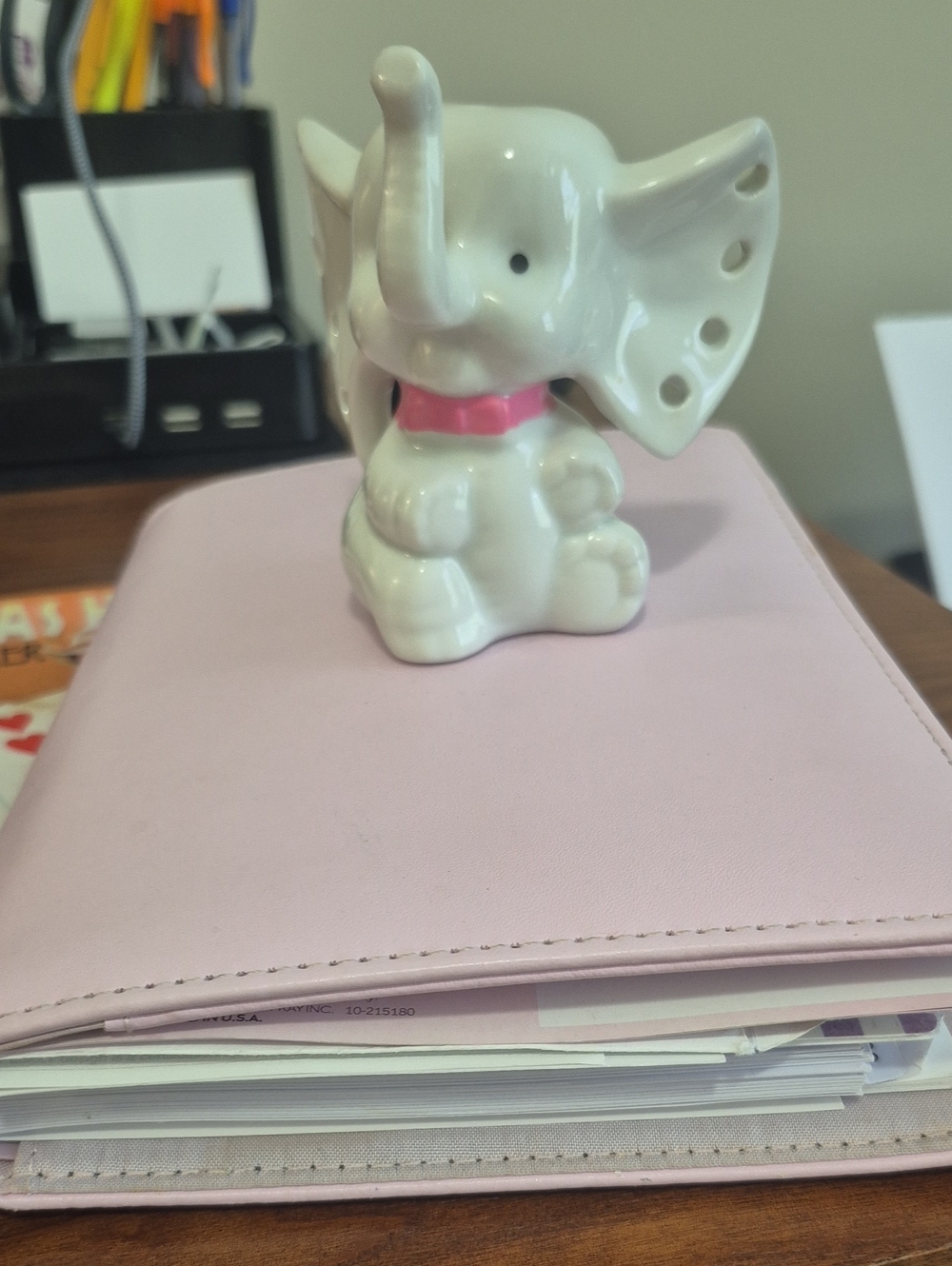 Vintage White Ceramic Elephant Figurine with Pink Collar